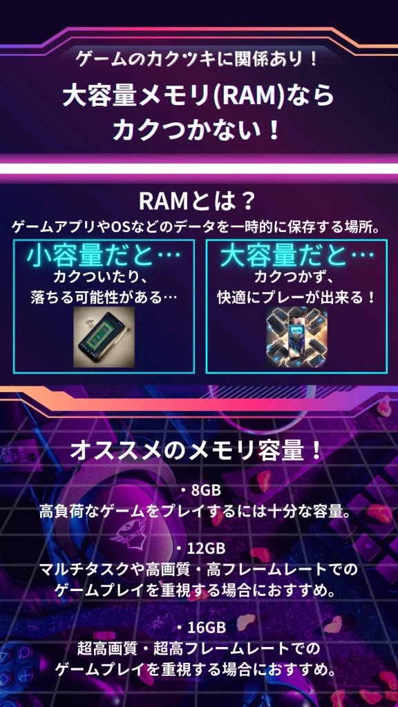 ゲーミングスマホのRAMの説明とRAMが小容量な場合と大容量の場合の特徴とオススメのメモリ容量の解説